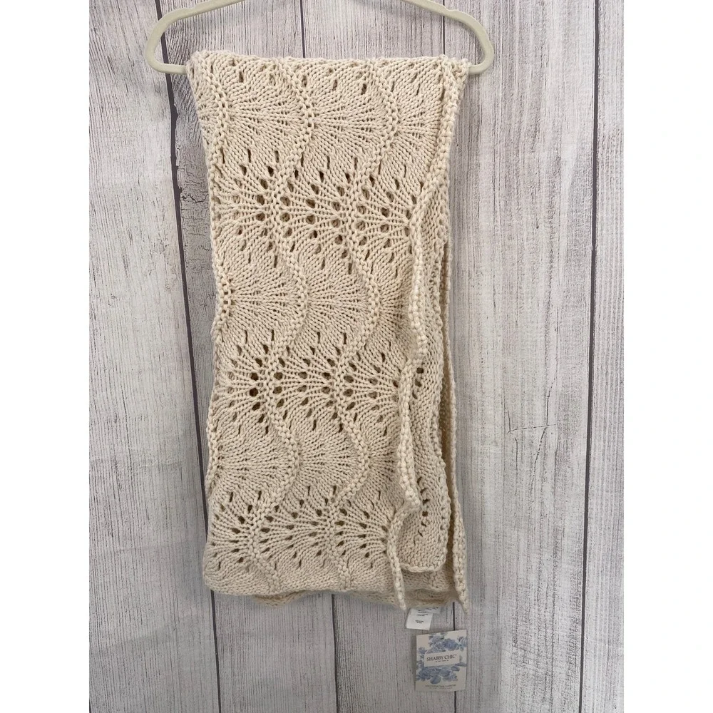 Shabby Chic Throw Blanket Cream Pointelle Fan Chunky Knit Scalloped Edge Country